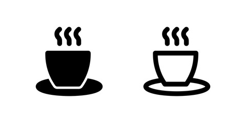 Cafe Icon Set. A black glyph and outline icon of a coffee cup, representing cafe or dining services.