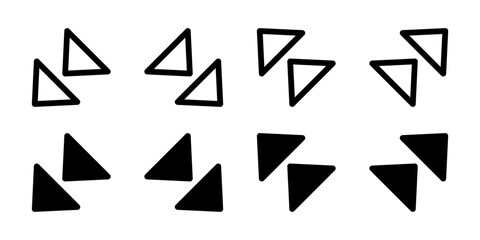 Diagonal Double Arrow Icon Set. A black glyph and outline icon of diagonal arrows, indicating direction or resize.