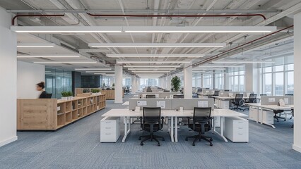 Open plan office interior with modern furniture.