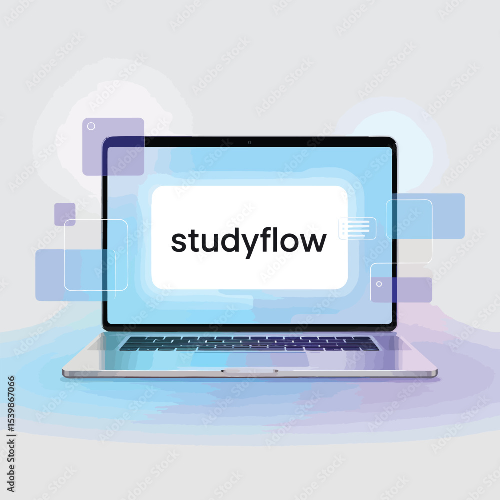 Poster modern laptop displaying studyflow app concept on a gradient background for online learning educatio