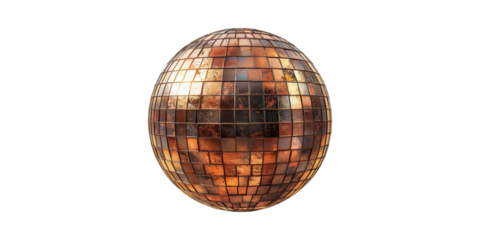 Reflective Copper Disco Ball Sphere. Vintage Party Decor And Retro Dance Ambiance Isolated On Transparent Background