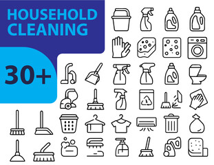 Household Cleaning Line Icons Set,  Editable Vector Symbols for Home Hygiene, Tools, and Daily Cleaning Tasks