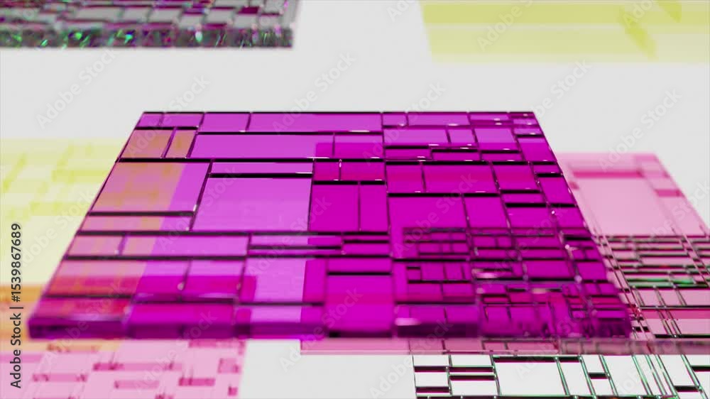 Poster pink glass plates with grid pattern and yellow glass plates are rotating slowly on a white backgroun