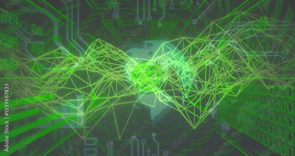 Aufkleber glowing core emerging and wireframe mesh undulating above circuit traces indicating data flow