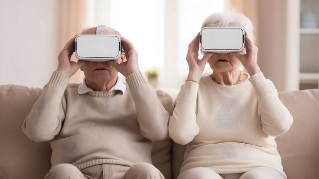 Elderly couple sitting on a couch, experiencing virtual reality using VR headsets in a cozy, neutral-toned living room.