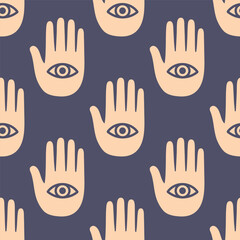 Obraz premium Boho hamsa hand with eye seamless pattern on dark background