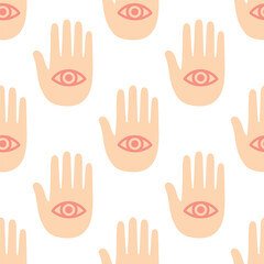 Obraz premium Boho hamsa hands with eyes seamless pattern on white background