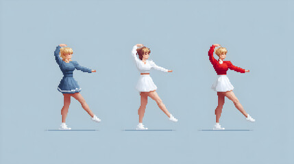 Three pixel art cheerleaders wearing different colored sweaters and white skirts perform a synchronized pose against a plain background.