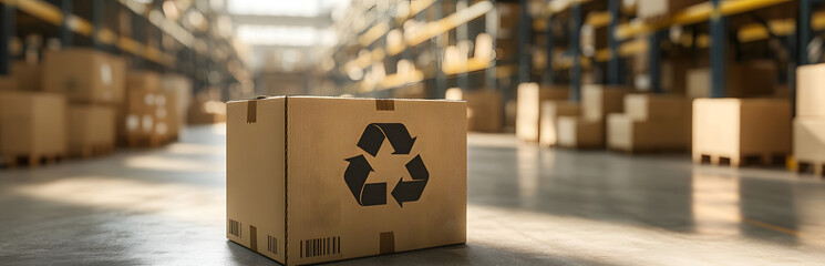 Recycling symbol printed on cardboard box in warehouse. Sustainable parcel delivery, eco-friendly packaging, logistic center, delivery service. Sustainable management, environmental protection,
