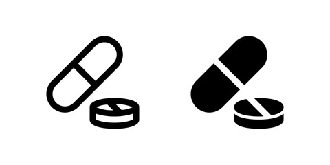 Pills Icon Set. A black glyph and outline icon of pills, representing medication.