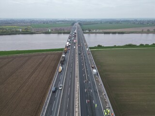 aerial view of  Ouse Bridge is a reinforced concrete plate girder bridge on the M62 that spans River Ouse. between Goole and Howden. East Yorkshire 