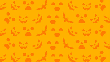 Orange Halloween pattern features scary face, bats, and ghosts. Suitable for Halloween themed designs, party invitations, and seasonal decorations.