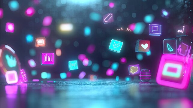 Digital interface with glowing app icons.