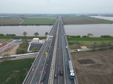 aerial view of  Ouse Bridge is a reinforced concrete plate girder bridge on the M62 that spans River Ouse. between Goole and Howden. East Yorkshire 