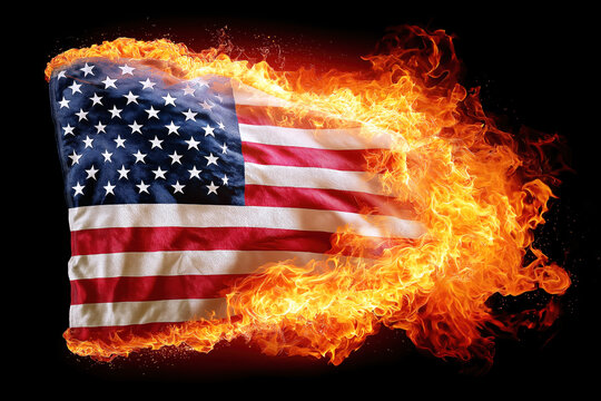burning American flag of the USA on fire on a black background. A symbol of crisis and problems in the state