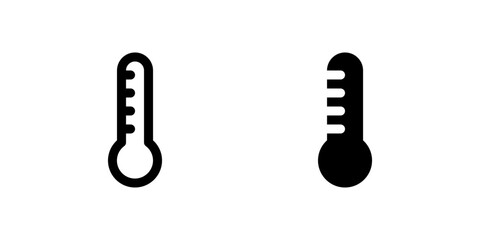 Thermometer Icon Set. A black glyph and outline icon of a thermometer, representing temperature measurement.