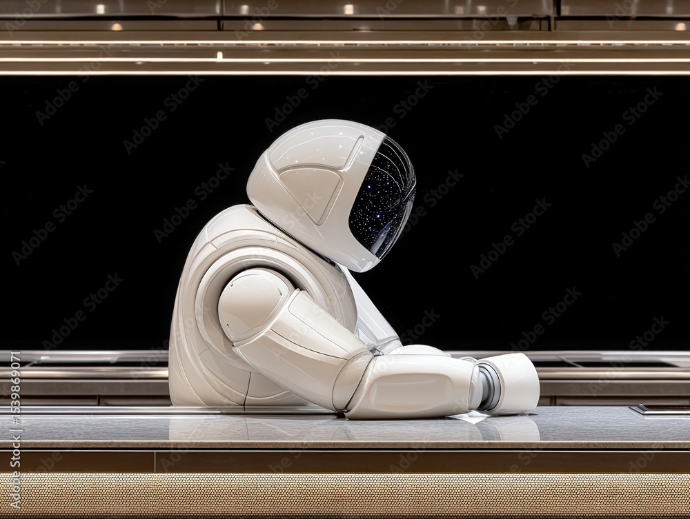 Poster advanced humanoid robot contemplating future technologies in sleek modern kitchen with minimalist de
