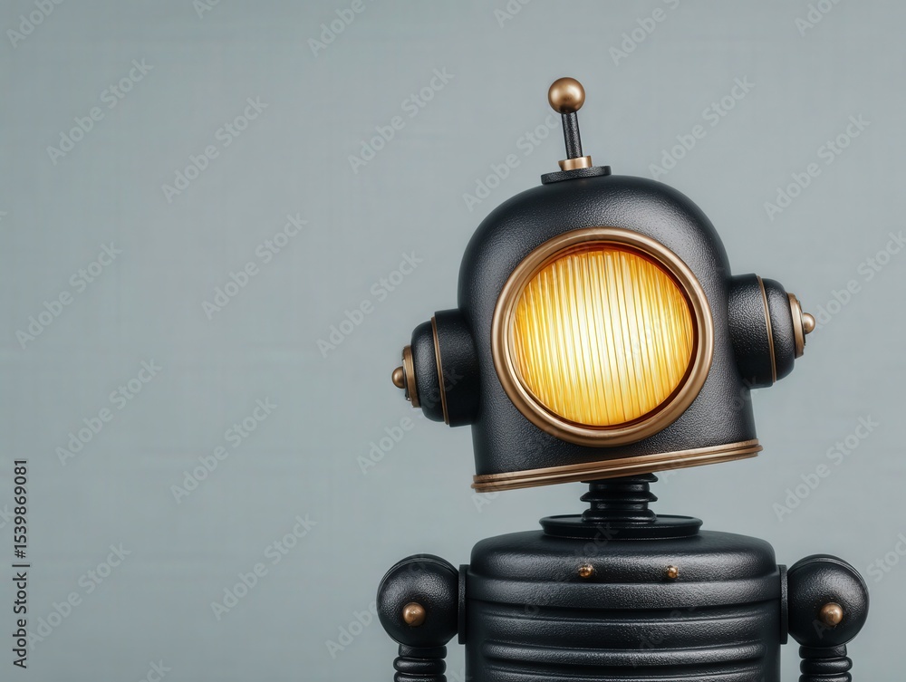 Poster vintage robot character design with intricate mechanical features and glowing facial elements presen