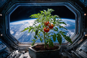 Tomato Plant Growing Inside Space Station with Earth Visible Through Window. Concept of Space Farming, Sustainable Life Support, and Future Food Systems in Orbit