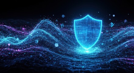 Digital shield icon over abstract blue and purple particle waves, representing cybersecurity and data protection.