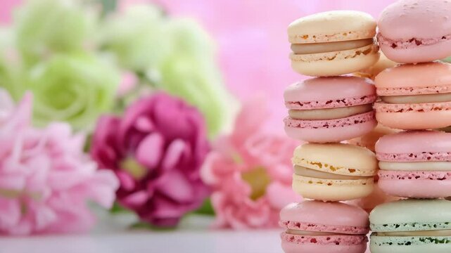 A stack of colorful macarons with a blurred floral background in soft pink and green hues.