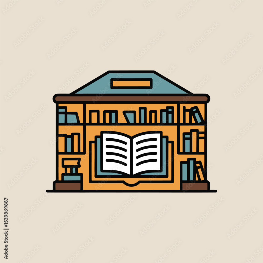Poster vector illustration of a stylish bookshelf with an open book featuring a clean flat design for educa
