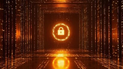 A digital environment featuring a glowing lock symbol, surrounded by shimmering lines, suggesting themes of security and technology.