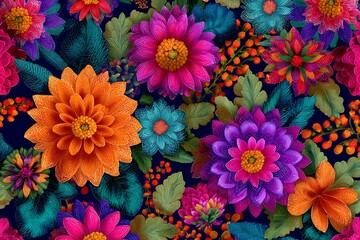 Fototapeta premium Vivid Floral Garden, Vibrant Flowers, Colorful Leaves, Dark Blue Background, Artful Design