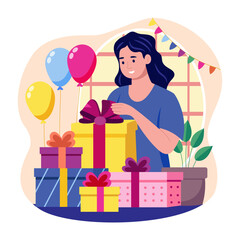 A flat style illustration showing birthday gifts