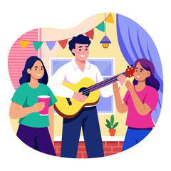 A flat style illustration showing a person playing guitar