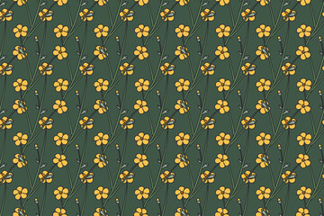 Botanical floral seamless pattern vector illustration. Repeating wildflowers meadow plant whit yellow flowers in pastel green background. Graphic design for Fashion Wedding Textile Greeting Card Cover