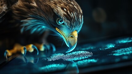 A determined eagle investigator analyzing fingerprints on a tablet 