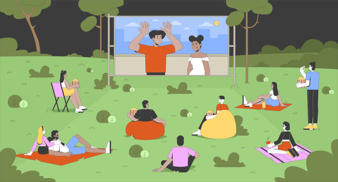 Outdoor movie night in park flat illustration. Open-air film festival. People watching cinema screen on picnic blankets with popcorn 2D characters cartoon background. Colorful scene vector art image