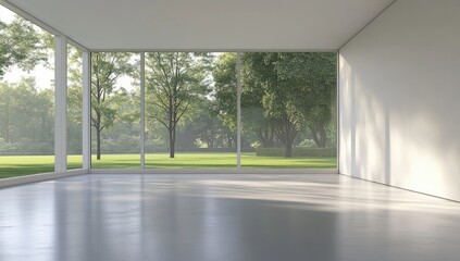 Obraz premium Empty modern room with large windows overlooking a park