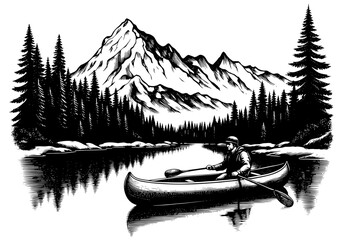 A lone canoeist paddles across a calm lake against a backdrop of mountains and forest.