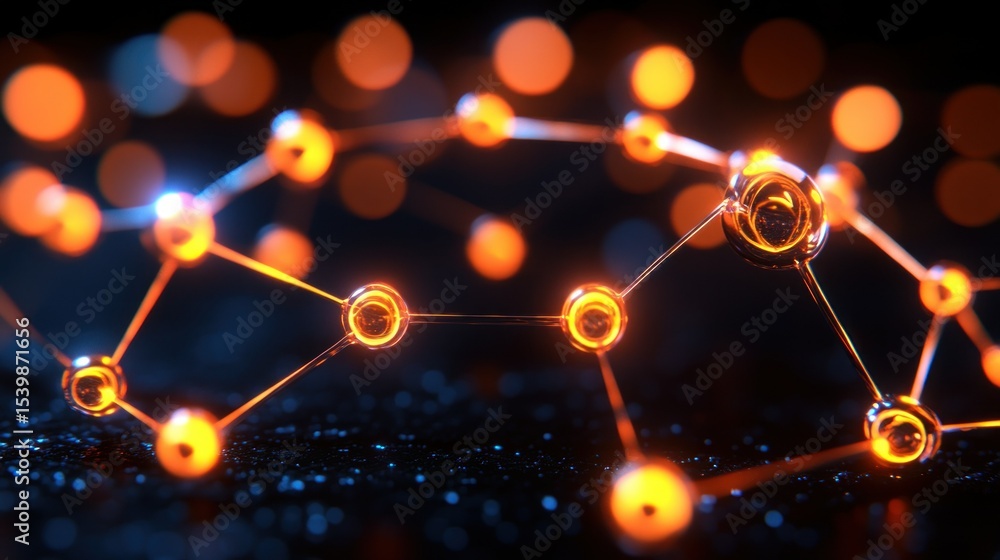 Poster glowing network with nodes linked, abstract & luminous