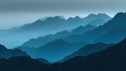 Fototapeta premium Mountain silhouette under twilight sky, serene blue tones blending into dusk, nature's quiet grandeur