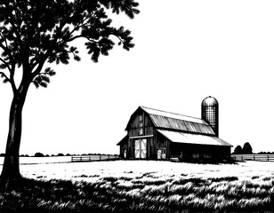 Barn and Silo in a Field in woodcut Style in Black and White