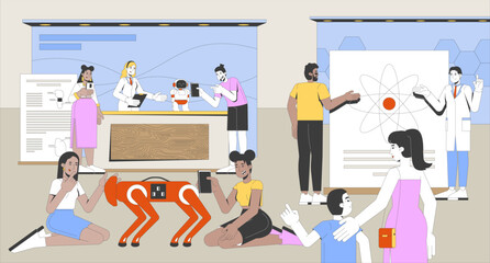 Science festival STEM fair flat illustration. Robotics engineer, scientist showcasing robot dog, physics research to visitors 2D characters cartoon background. Colorful scene vector art image