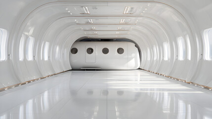 A sleek, empty airplane cabin with bright white interior and large windows, showcasing modern design and spaciousness.