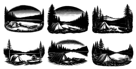 Lakeside campsites, black and white