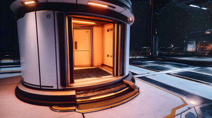 A futuristic, cylindrical chamber with an illuminated interior stands on a sleek, metallic platform under a starry sky.