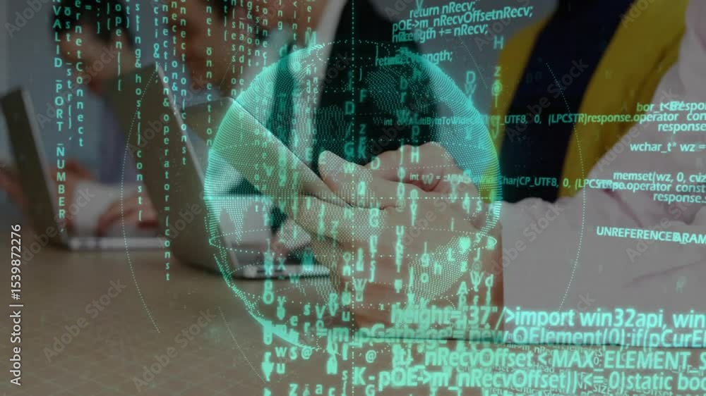 Poster business team typing and tapping activating holographic globe streaming code showing data exchange