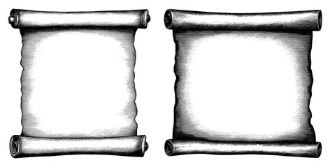 Blank scrolls in a vintage woodcut style, in black and white