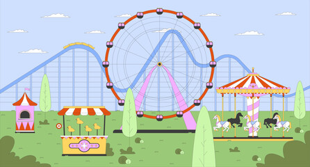 Empty amusement park with ferris wheel, carousel, carnival game flat illustration background. Roller coaster, horse roundabout attractions 2D cartoon backdrop. Colorful scene vector art image © IMGvisualsCharacters
