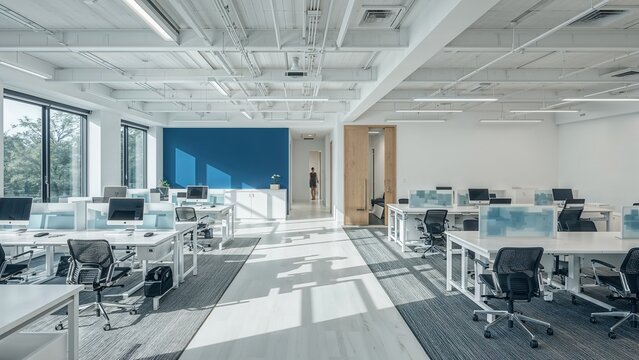 Modern open-plan office space with bright white walls and a blue accent wall.
