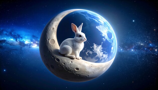 White Rabbit on Crescent Moon. - Powered by Adobe