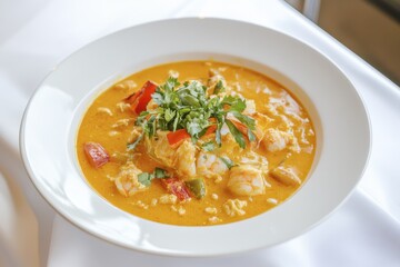 Delicious creamy thai curry soup with shrimp and fresh cilantro in a white bowl