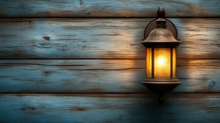 Glowing lantern on aged blue wood wall