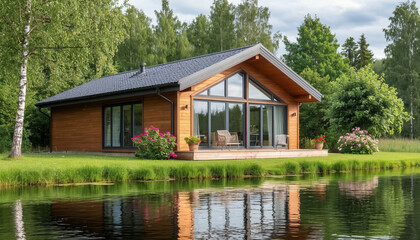 Fototapeta premium Modern wooden country cottage in the forest by the river. Countryside recreation. Generated by AI.